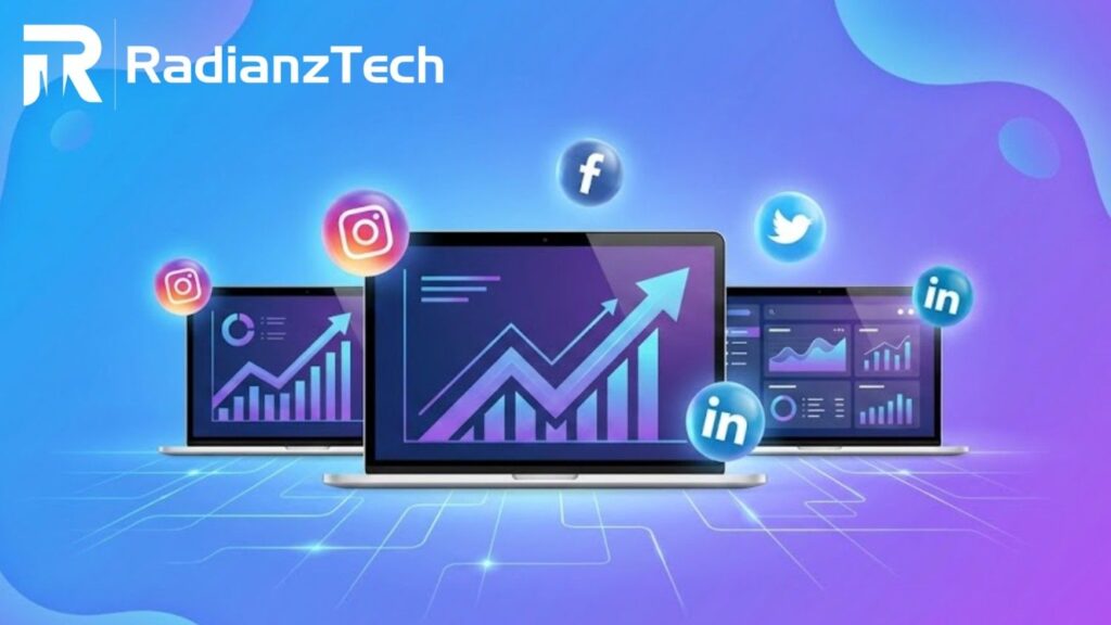 Digital growth analytics on screens with social media icons representing services by a dental digital marketing company.