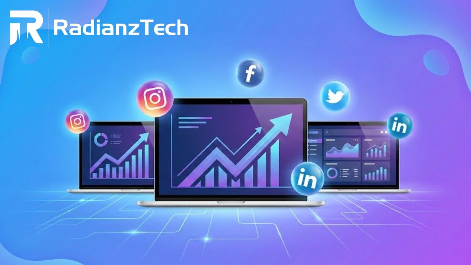 Digital growth analytics on screens with social media icons representing services by a dental digital marketing company.