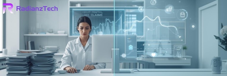 Dental billing services for dental practices showing a professional dental office using digital billing dashboards, insurance claim tracking, and secure revenue management systems