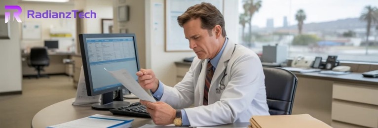 Doctor reviewing patient billing documents at a modern clinic, representing Medical Billing Services in California.
