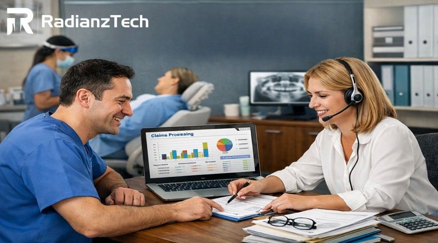 Dental Billing Services helping dentist check claims and manage payments in clinic