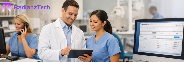 HIPAA-Compliant Dental Billing Solutions team reviewing dental claims securely in a modern dental office