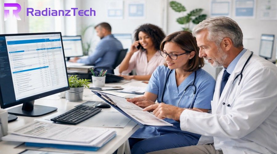 Medical Insurance Billing team checking healthcare claims and coding in office