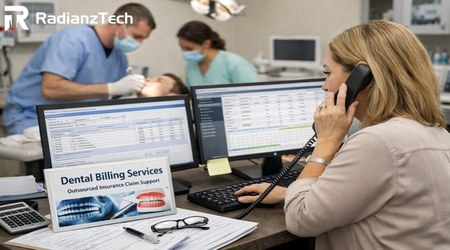 Dental billing specialist handling insurance claims while dentist treats patient in clinic