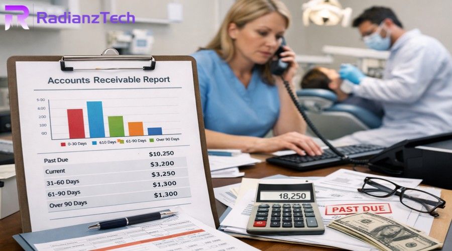 Dental Accounts Receivable Services concept showing AR report, billing documents, and dental clinic office workflow.