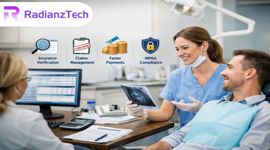 Dental billing services team managing insurance claims and patient records in a modern dental clinic