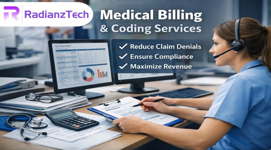 Medical billing and coding services team reviewing healthcare claims and reports to reduce denials and improve clinic revenue