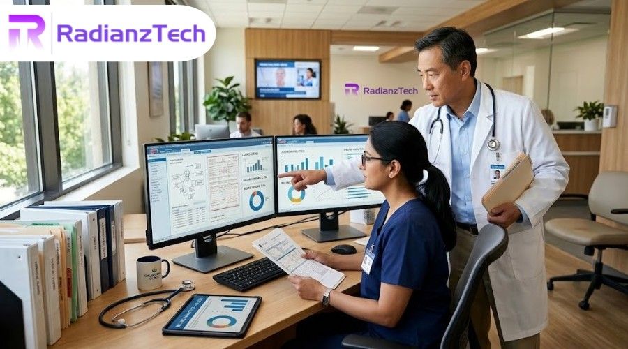 Medical billing services in California: a doctor and staff discuss charts on a monitor.