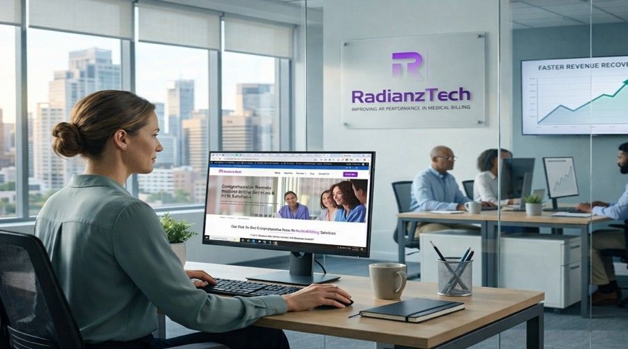 Medical Billing Service team working in modern office to improve revenue cycle and AR performance