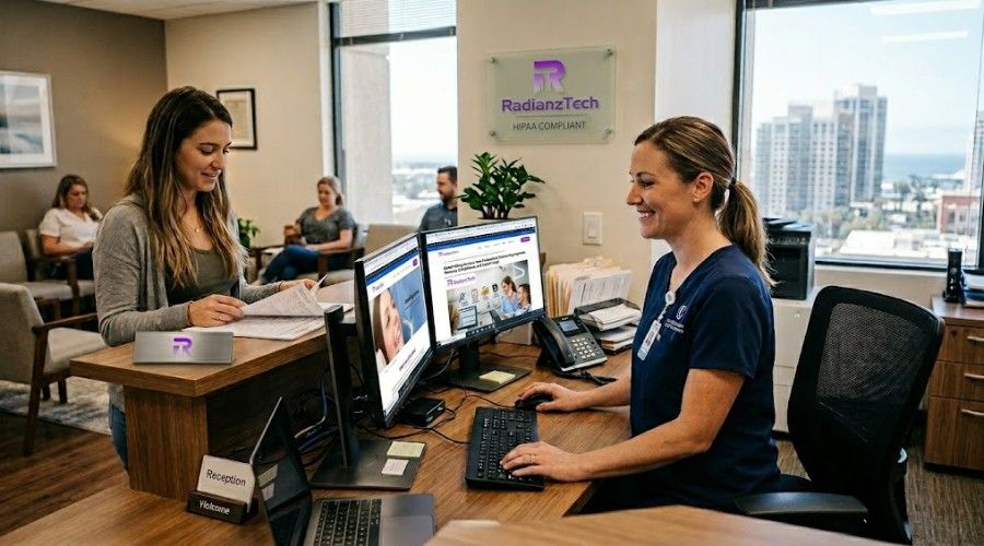 Dental billing companies in California staff managing insurance claims at a professional dental office reception desk.