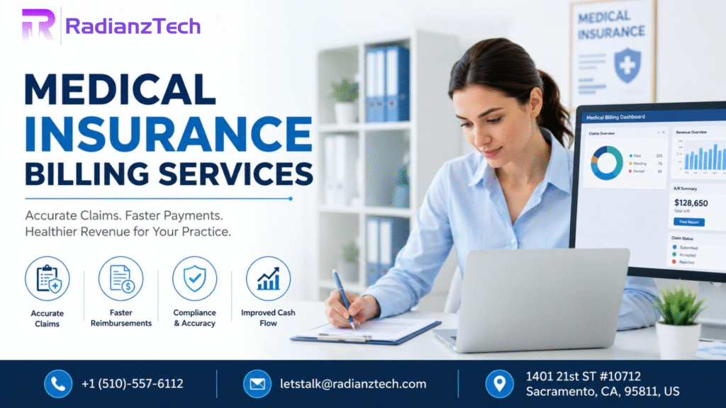Medical insurance billing services specialist reviewing healthcare insurance claims to improve payment collection and reduce claim denials.