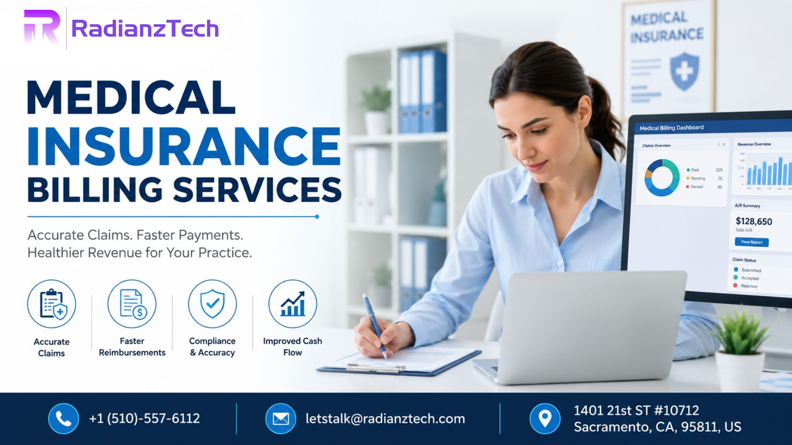 Medical insurance billing services specialist reviewing healthcare insurance claims to improve payment collection and reduce claim denials.