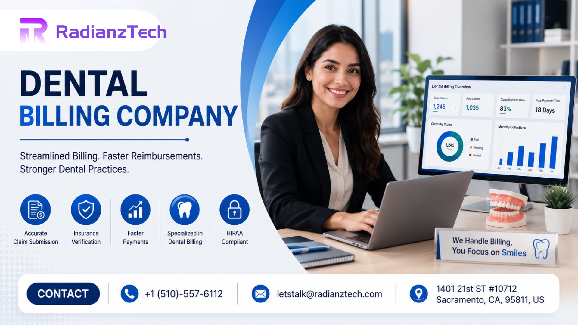 Professional Dental Billing Company dashboard displayed on a desktop monitor, showcasing RadianzTech's dental billing services for faster claims.
