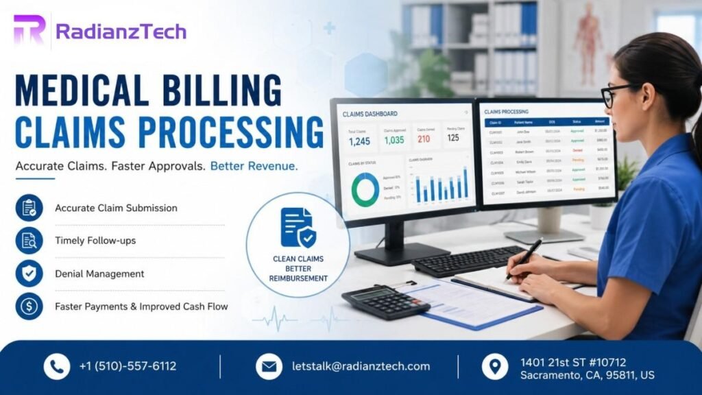 Medical billing claims processing workflow showing insurance verification, coding, claim submission, and payment tracking for a better healthcare revenue cycle.