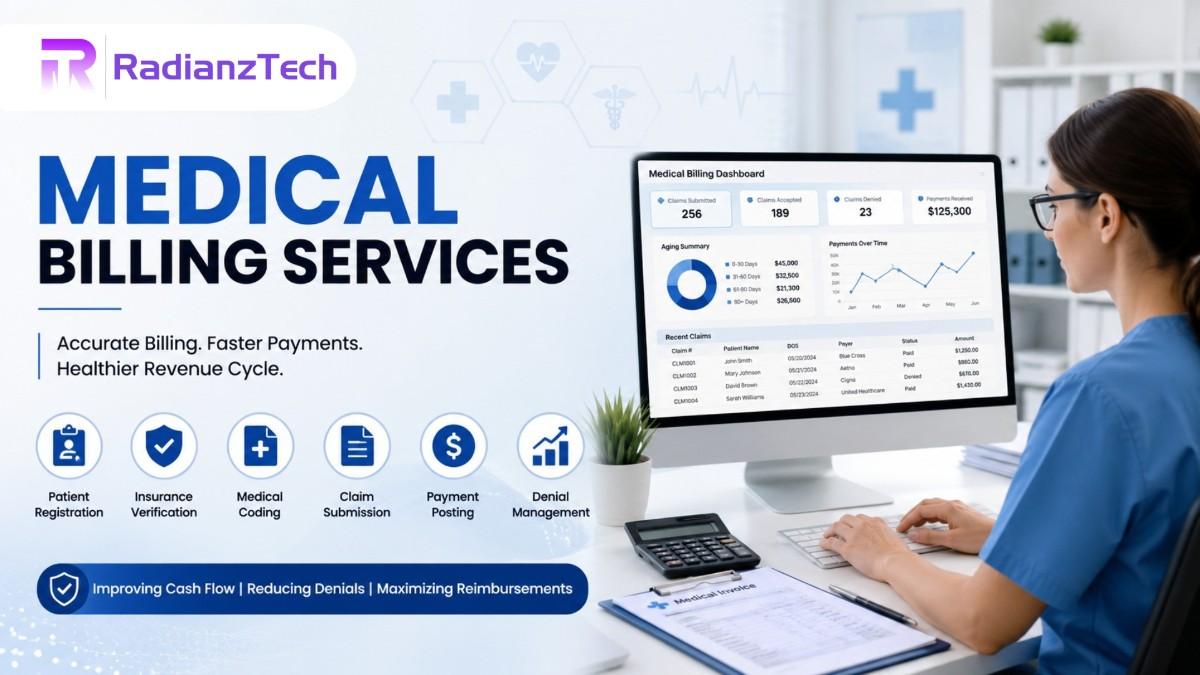Medical Billing Services dashboard with healthcare billing specialist managing insurance claims and payment processing for medical practices.