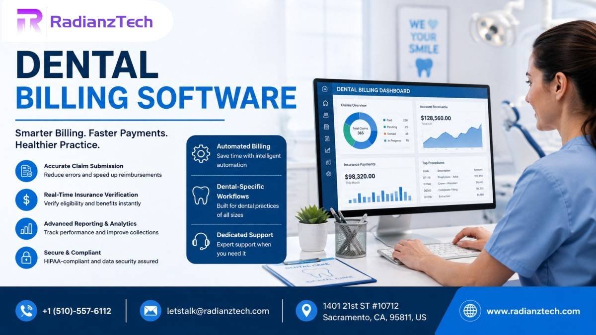 Dental team using modern dental billing software to reduce claim denials, automate insurance billing, improve payment posting, and streamline practice revenue management.