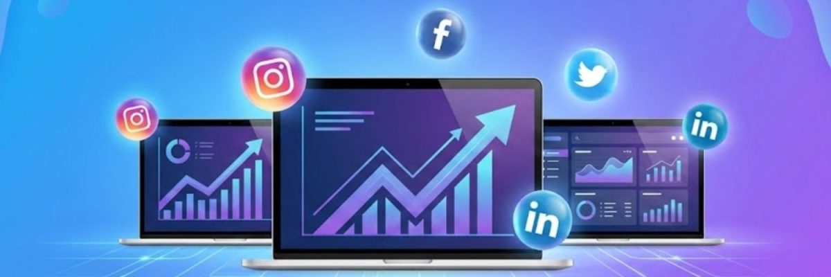 Digital growth analytics on screens with social media icons representing services by a dental digital marketing company.